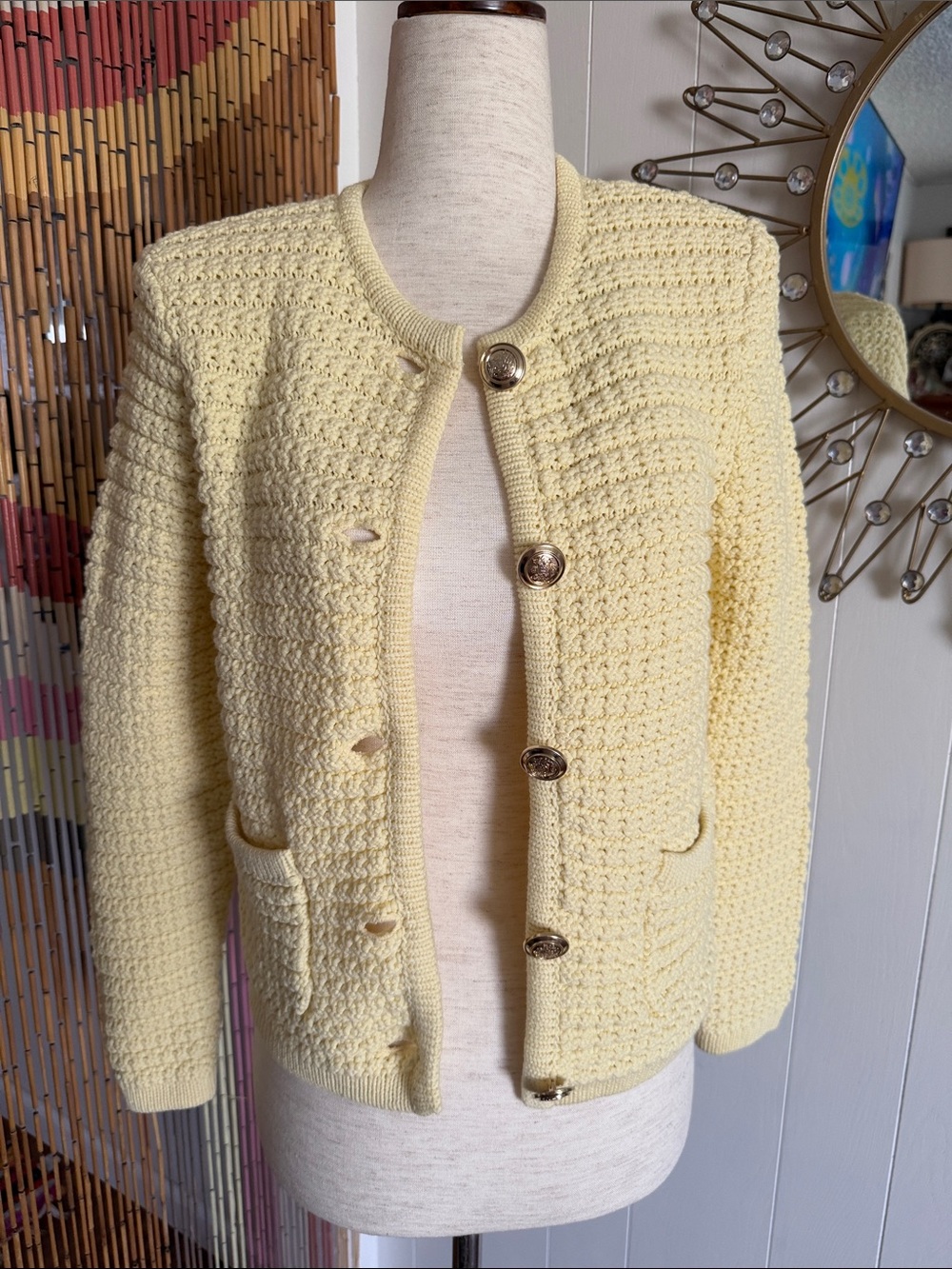 ba&sh Pale Yellow Knit Button-Front Cardigan Jacket - Picture 6 of 8